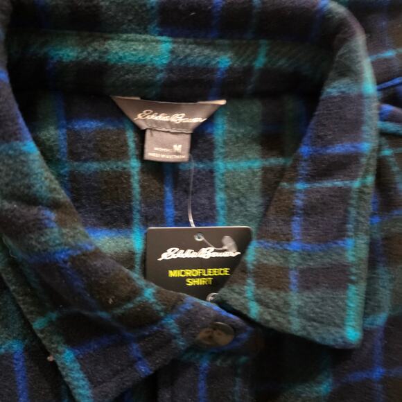 Eddie Baur Microfleece Button Up Flannel Shirt Green Blue Plaid Size Medium, NWT - Picture 7 of 9